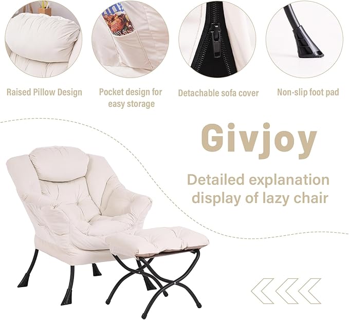Lazy Chair and Ottoman, Large Accent Lounge Chair with Armrests and a Side Pocket, Modern Leisure Upholstered Sofa Reading Armchair with Footrest for Bedroom, Living Room, Dorm Rooms, Office