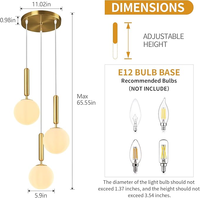 Modern Gold Pendant Light Hanging Fixture Light for Kitchen Island Mid Century with Globe Pendant Light Milk White Glass Pendant Lighting for Living Room Bedroom Entryway (3 Lights)
