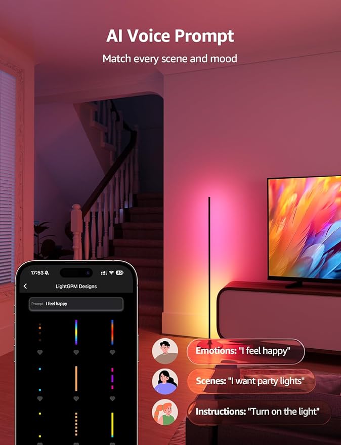 Lepro OE1 AI Floor Lamps for Living Room, Smart LED Corner Lamp with RGBW Color Changing, Alexa Compatible, AI Generated 4.0, Music Sync, Modern Standing Lights for Bedroom, No Remote, 2.4G WiFi Only