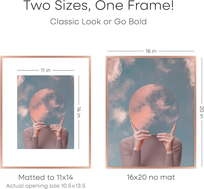 Homeforia Picture Frames 16x20 Rose Gold, High End Metal 16x20 Poster Frame with Mat 11x14 inch Photo, 16 x 20 Rose Gold Frame Matted to 11 by 14 Print, 20x16 Frame, Tempered Glass, Wall Kit, Set of 1
