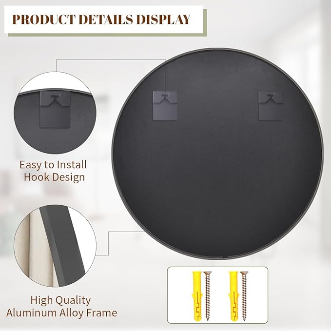 BEAUTYPEAK 24 Inch Round Mirror, Metal Frame Circle Mirror, Wall Mounted for Entryway, Bathroom, Vanity, Living Room, Black