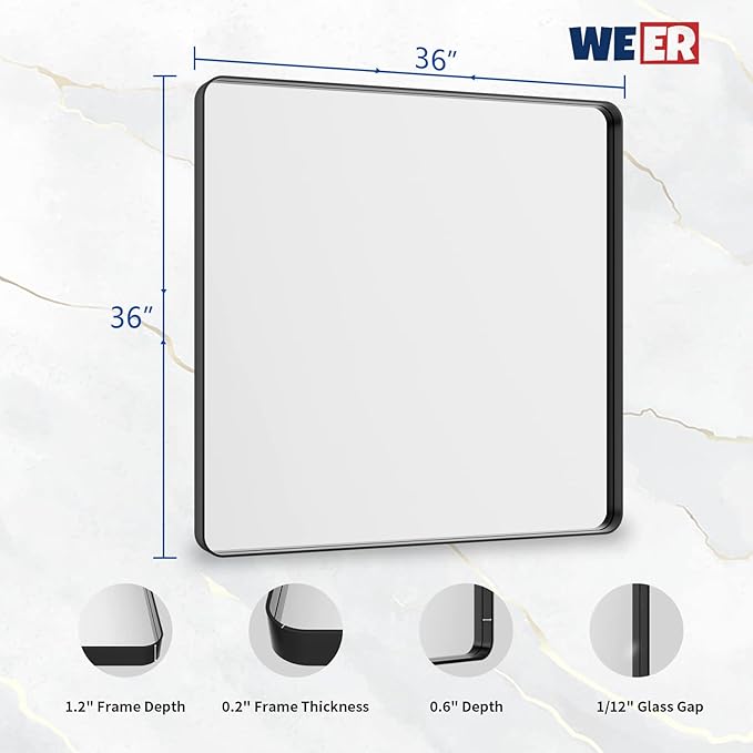 WEER 36X36 Inch Black Metal Framed Bathroom Mirror, Matte Black Bathroom Vanity Mirror, Rectangular Black Wall Mirror for Bathroom, Tempered Glass, Rounded Corner, Hangs Horizontal or Vertical