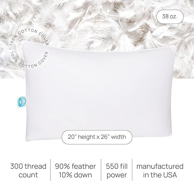 East Coast Bedding Pure Dream Firm Pillow - Standard Size 20x26 Inch Medium Support Goose Feather Down Pillows, 100% Cotton Shell, Standard Pillow Set of 2
