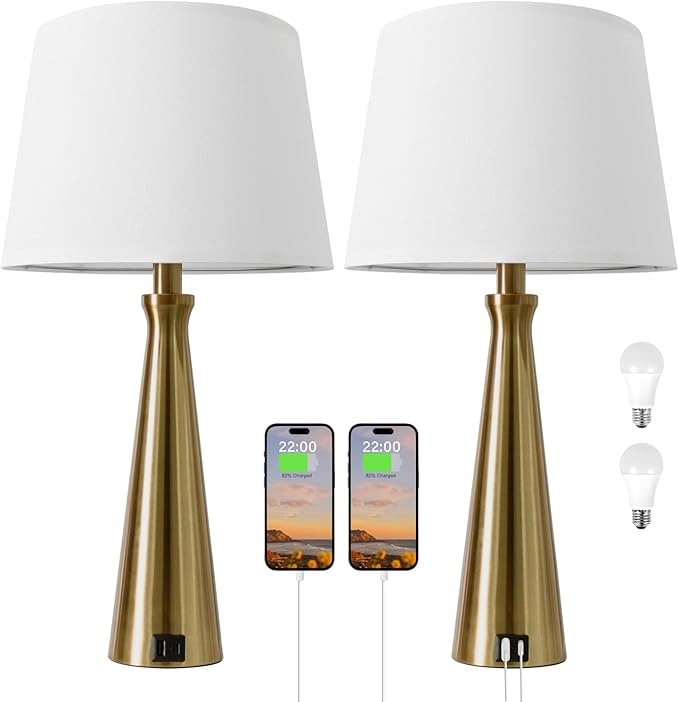 Seealle Modern Table Lamps Set of 2 - Touch Bedside Lamp for Nightstand with USB C+A,3-Way Dimmable Coppery Nightstand Lamps for Living Room Bedroom End Table with White Shade(Bulb Included)