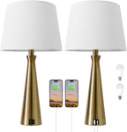 Seealle Modern Table Lamps Set of 2 - Touch Bedside Lamp for Nightstand with USB C+A,3-Way Dimmable Coppery Nightstand Lamps for Living Room Bedroom End Table with White Shade(Bulb Included)