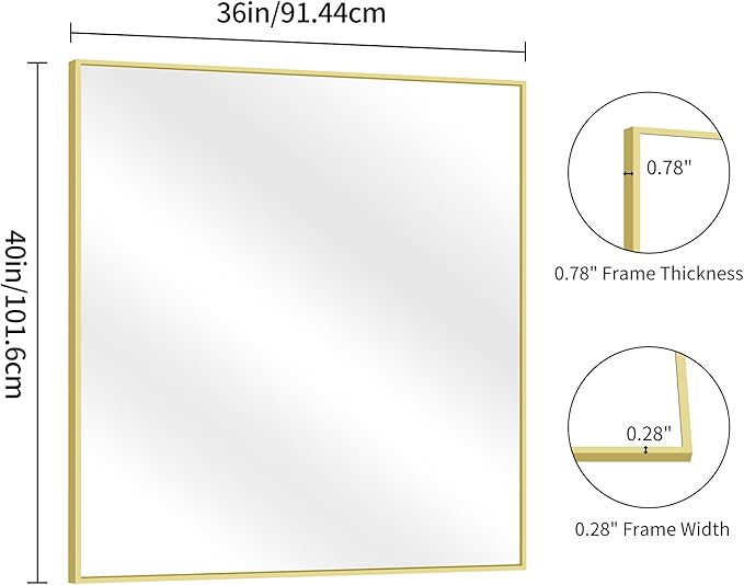 YIROMAN Bathroom Mirror 36"x40", Large Brushed Gold Bathroom Mirror for Over Sink with Aluminum Frame, Rectangular Vanity Mirror with Right Angle, Wall Mirror Hangs Horizontal or Vertical