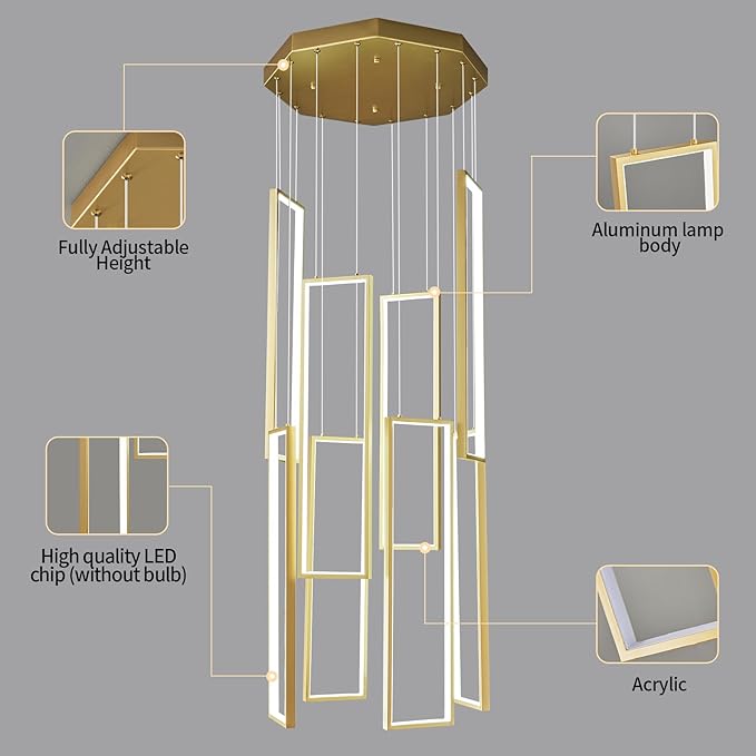 Modern Kitchen Island Dimmable Pendant Light Fixture Gold 144W LED Pendant Lights 8 Rings Rectangular Chandelier Staircase Large Chandelier Lobby Living Room Foyer High Ceiling Chandeliers