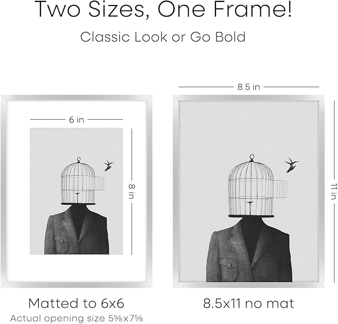 Homeforia 8.5x11 Picture Frame Silver, High End Metal 8.5 x 11 Poster Frames with Mat 6 by 8 Photo, 11x8.5 Frame Matted to 6x8 Print, 8.5by11 Wall or Tabletop Frame, Tempered Glass, Wall Kit, Set of 1