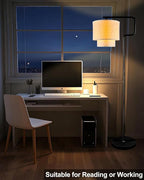 Lightdot 62IN Floor Lamps for Living Room, Modern Standing Tall Lamps with Double Linen Shades, 3000K Arc Bohemian Floor Lamp with Foot Switch for Wedding/Party, Bedroom, Home Office-Black