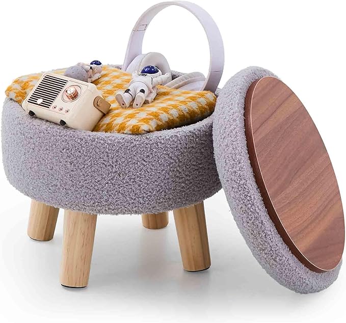 Wimarsbon Storage Ottoman, Modern Round Footrest with Soft Padded Seat, Teddy Velvet Footstool with Wood Legs, Accent Small Table or Plant Stand for Hallway, Living Room (Grey)
