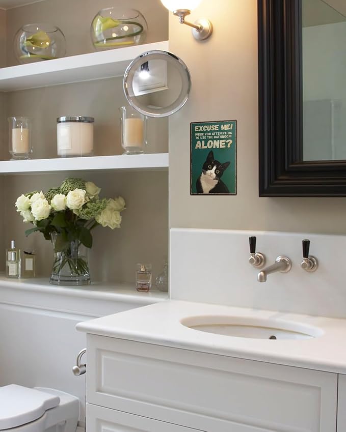 ALKB Funny Tuxedo Cat Metal Signs Black Cat Metal Poster Tuxedo Cat Lover Gift Vintage Bathroom Wall Decor 8 x 12 Inch