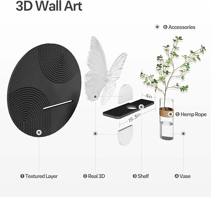 3D Textured Black and White Abstract Wall Art with Vase, White Butterfly Wall Decor, Modern Painting Artwork, Minimalist Wall Decor for Living Room Hallway Dining Room Bedroom Office, 25.6x24 In