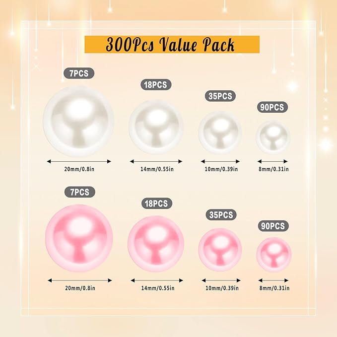 300Pcs Pearl Vase Filler, Ivory Lightpink No Hole Faux Pearl Beads for Centerpieces Vases, Candle Centerpieces, Wedding Birthday Party Home Decor 8/10/14/20mm