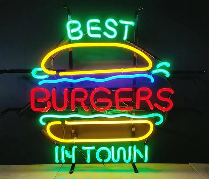 Best Burgers In Town Neon Signs Hamburger Sign Beer Glass Neon Signs for Man Cave Birthday Neon Light Art Wall Lights 24 X 20 Inches
