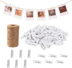 100Pcs White Mini Wooden Clothespins with 328ft Jute Twine - Photo Display Clips for Hanging Pictures, Crafts, Wall Art, Baby Showers (1.4 Inch, White)
