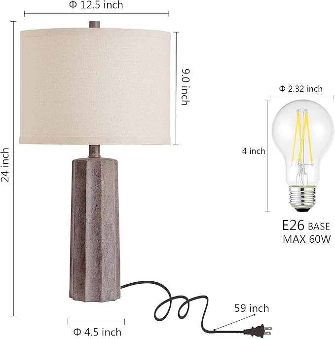 RORIANO 24'' Farmhouse Resin Table Lamps Set of 2 for Bedroom Living Room Vintage Traditional Desk Lamps Rustic Nightstand Bedside Lamps for Office Entryway, 2 Bulbs Included (‎Earth Brown)