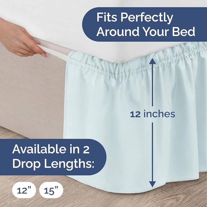 Wrap Around Dust Ruffle Bed Skirt - Ice Blue - Twin/Twin XL Size Beds w/ 12 Inch Drop - Easy Fit Elastic Strap - Adjustable Pleated Bedskirt w/Brushed Fabric - Wrinkle Free - Women, Men, Kids & Teens