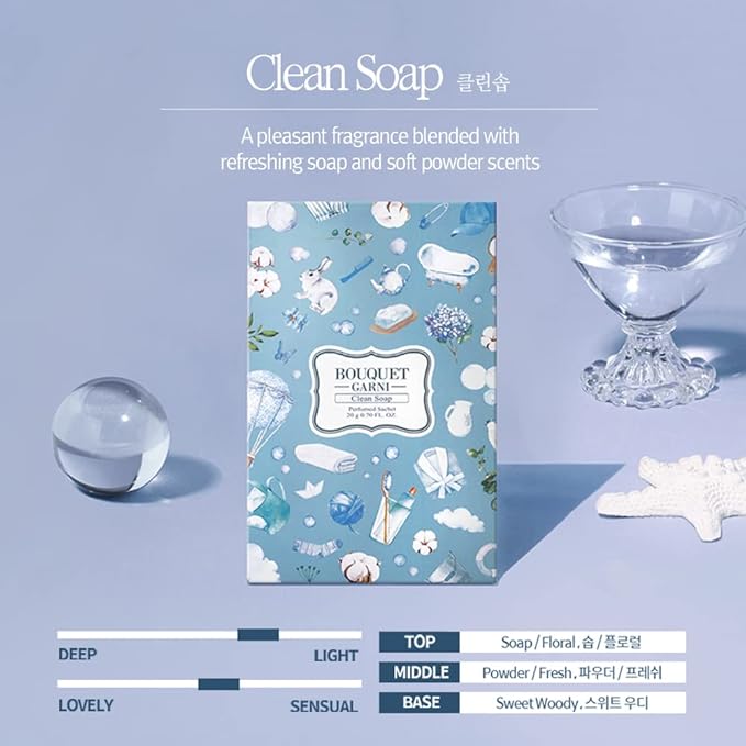 Sachet Clean Soap 2 Count 20g Each - Long Lasting Rich Fragrance - Room and Closet Deodorizer Freshener for Home - Closet Odor Eliminator - Silk Layon Overlaid Packing Technique