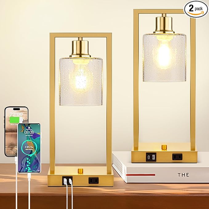 16" Set of 2 Gold Industrial Table Lamps with USB A+C Charging Ports and AC Outlet, Fully Stepless Dimmable Bedside Lamps with Seeded Glass Shade for Bedroom Living Room Office, LED Bulbs Included
