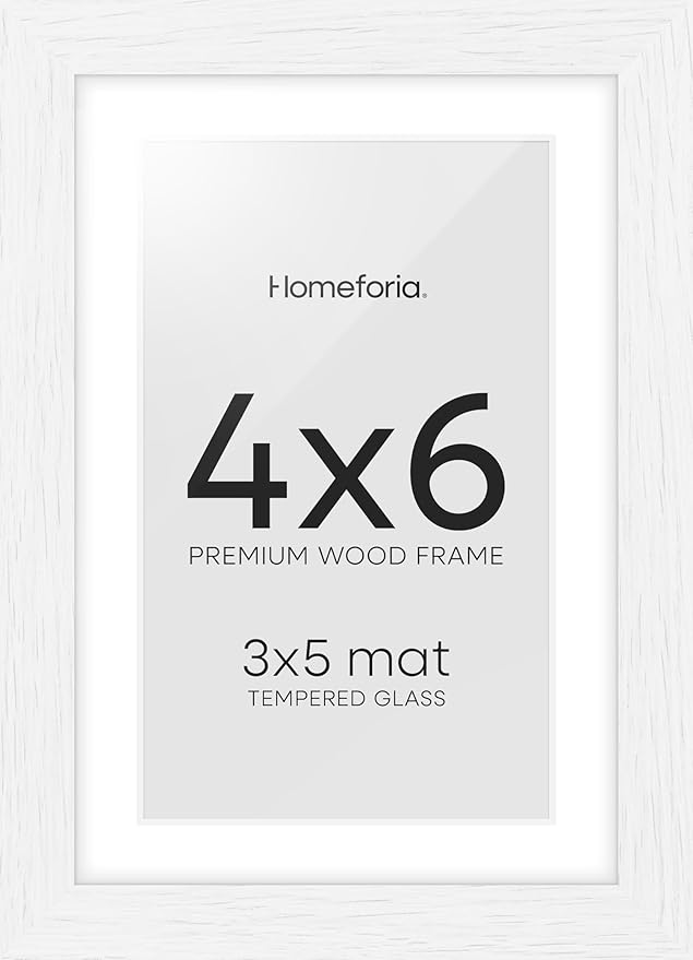 Homeforia White Picture Frames 4x6, High End Oak 4x6 Wooden Frame with Mat 3x5 Art, 4 x 6 White Wood Frames Matted to 3 x 5 inch Photo, 6by4 Wall or Tabletop Frame, Tempered Glass, Wall Kit, Set of 1