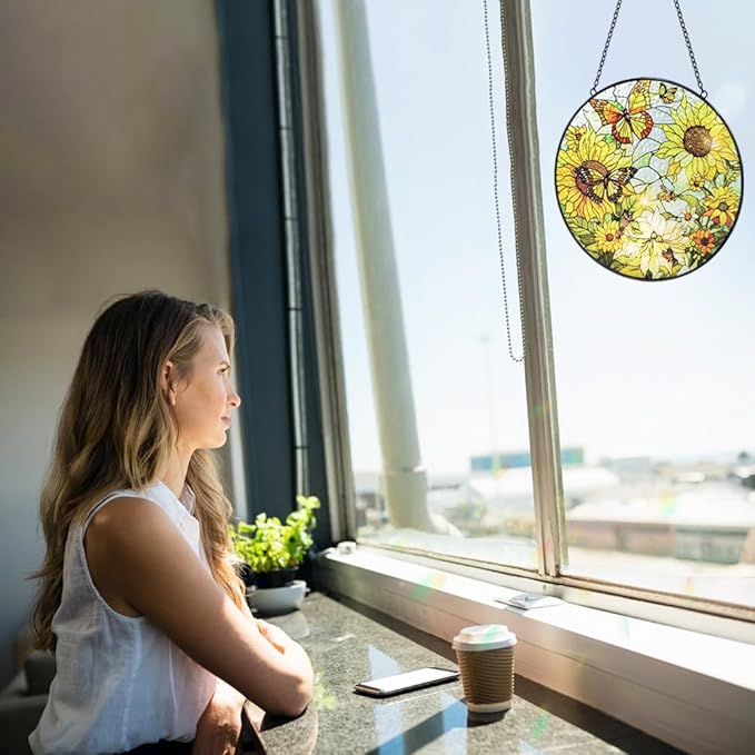 Sunflower Sun Catcher Stained Glass Window Hangings - 8” Handmade Butterfly Stained Glass Suncatches for Windows - Sun Catchers Indoor Wall Art Home Garden Suncatcher - Sunflower Gifts for Women Mom