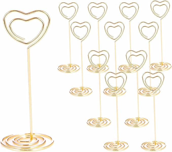 12pcs Table Number Holders Metal, 3.35 inch Place Card Stands for Wedding Centerpieces, Birthday Party - Table Card & Photo Picture Holders (Gold-Heart Shaped)
