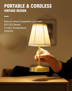 5W Mini Cordless Lamp Gold,3000 mah Small Battery Operated Lamp,Vintage Small Table Lamps,3 Level Dimmable Rechargeable Lamps,Decorative Dining Table Light,Mini Lamps for Kitchen,Nightstand,Bedroom