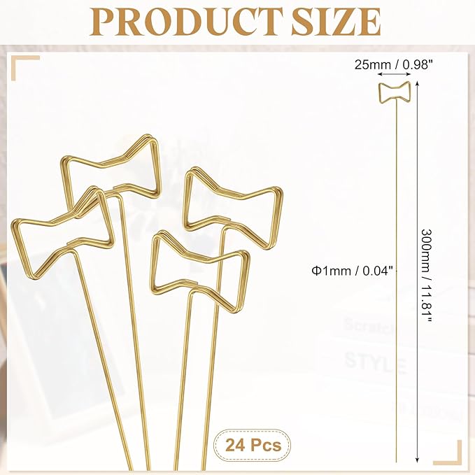 uxcell 24 Pcs Table Card Holders, 11.8 Bow Metal Craft Wire Clips Picture Clip Table Number Holders Picks for Wedding, Photos, Memo, Restaurant, Gold