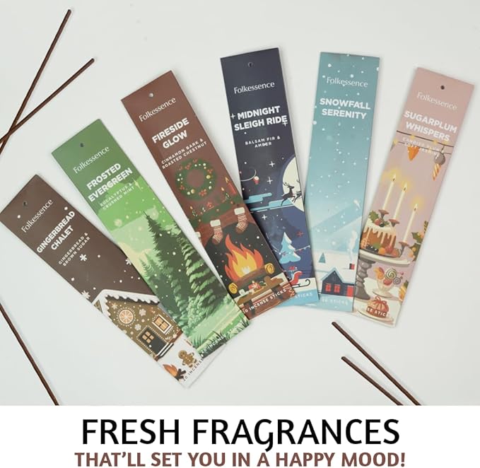 Folkulture Incense Sticks with Holder | Set of 6 (120) Winter Insence-Sticks with 45 Min Burn Time | Cedarwood, Amber Incenses | Organic, Non Toxic Fall Scents | Inscent-Stick or Winter Essentials