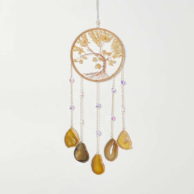 Agate Citrine Gemstone Dream Catcher 7 Chakras Gold Tree of Life Dream Catcher with Healing Crystal Stones Handmade Dreamcatcher Wall Decor for Adults Boys Girls,Bedroom,Wedding,Garden,Bless Gift