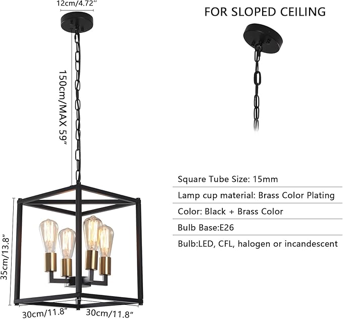 Lantern Pendant Light, 4-Light Gold Chandelier,Modernized Ceiling Hanging Light Fixture for Bedroom Kitchen Island Foyer Living Room Dining Room Hallway