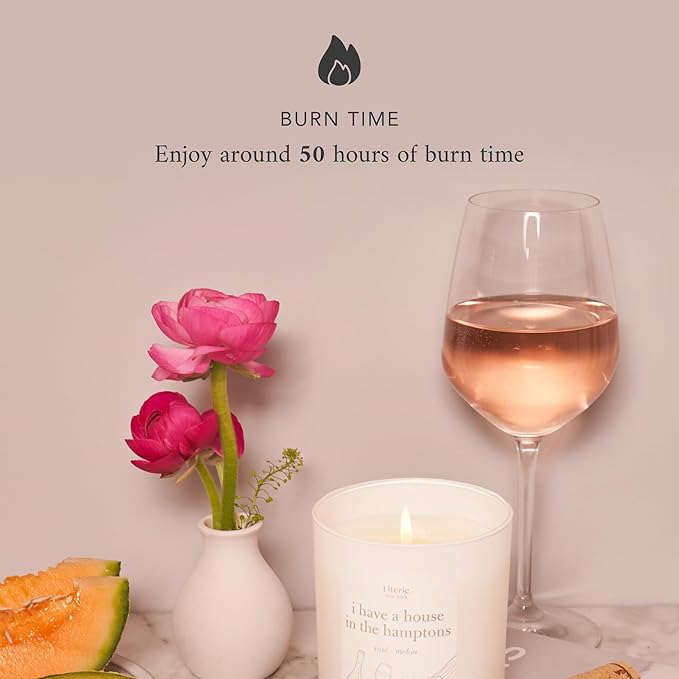 Literie NYC Inspired Scented Candle: I Have A House in The Hamptons - Rosé & Melon Scent, 9oz, 50 Hour Burn, Vegan Soy & Coconut Blend Candle for Home Decor, Gift for Women & Men