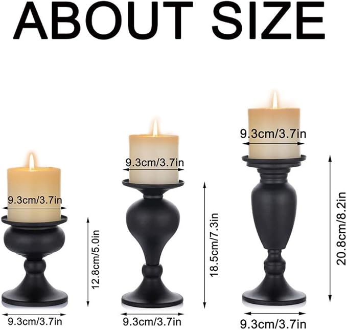 Sziqiqi Metallic Pillar Candleholder Set for Candle Centerpieces, Table Mantel Fireplace Decoration Set of 3 Gourd-Shaped Design Black