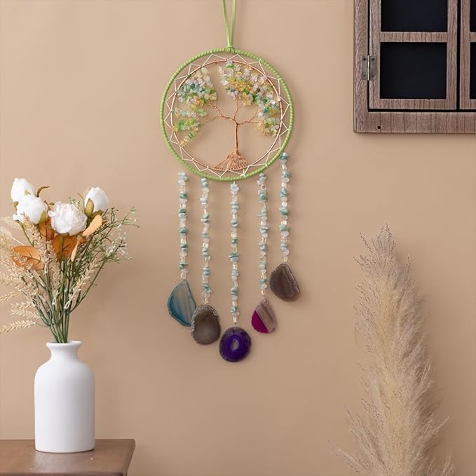 Agate Gemstone Dream Catcher 7 Chakras Sycamore Tree of Life Dream Catcher with Healing Crystal Stones Handmade Dreamcatcher Wall Decor for Adults Boys Girls,Bedroom,Wedding,Garden,Bless Gift