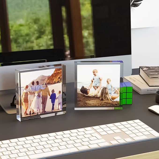 ILYXY 2 Pack Acrylic Frame 4x4, 20% Thicker, 20mm Thick Frameless Clear Picture Frame, Double Sided Magnetic Photo Frame, Free Standing Desktop Display Stand Acrylic Picture Frames