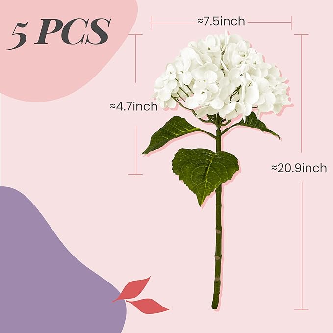 Yatim 21In White Artificial Hydrangea Flowers 5 Pcs Real Touch 3D Print Latex Flowers for Wedding Centerpieces Bouquets DIY Floral Decor Home Decoration with Stems