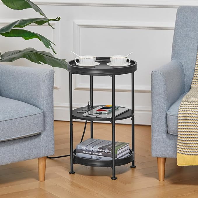 Dulcii Round Side Table with Charging Station, 24'' End Table with 3 Shelves for Living Room, Bedroom Nightstand with Steel Frame for Small Spaces, Industrial Round Sofa Table (USB+Black)