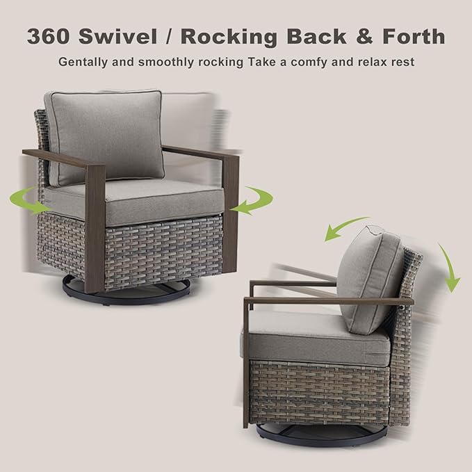 Outdoor Patio Swivel Rocker Chairs - Wicker Rattan Patio Swivel Rocking Chairs Set of 2 with Metal Wide Armrest, Thick Cushions and Deep Seating for Deck Porch Sunroom Garden(Mixed Grey/Grey)