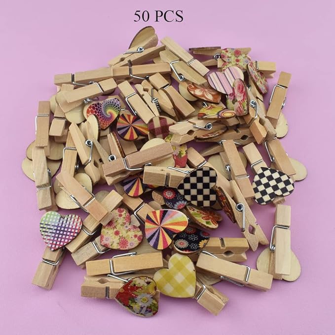 HAHIYO Colorful Painted Mini Wooden Clothespin Clip with Hearts Photo Paper Holders 1.38inch Tight Clamp Not Fray Rope Post Notices Handy Read for Hanging Postcard Wedding 50PCS