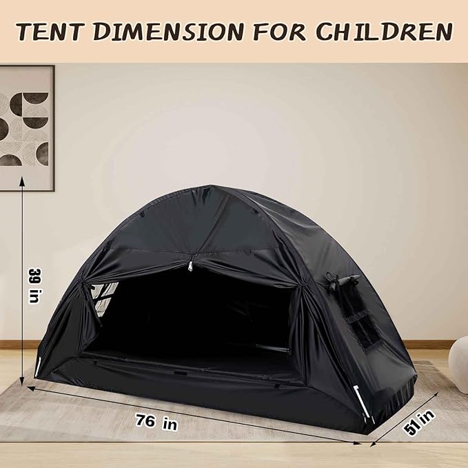 Bed Tent for Kid Twin Size Bed Canopy,Sensory Breathable Privacy Space Sleeping Drafty Room Dream Tents Indoor Play Tent Black-Out Kid Sleep Tent (Black, Twin)