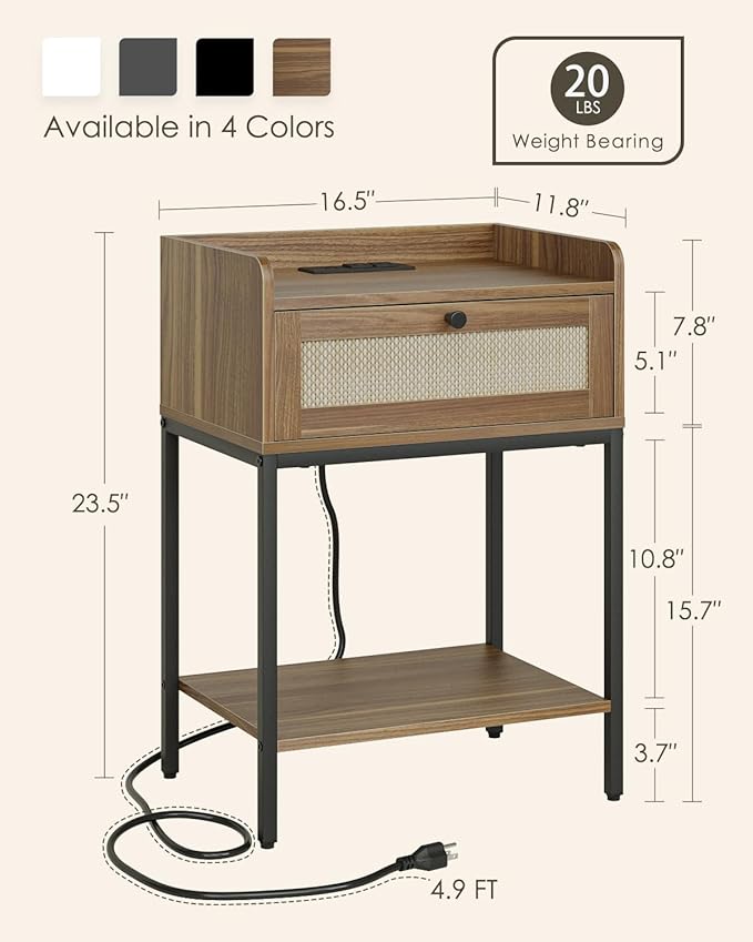 Masupu Nightstand with Charging Station, Modern Bedside Table Night Stand with Storage Drawer and Shelf,Small End Side Table for Bedroom,Living Room,Walnut Brown