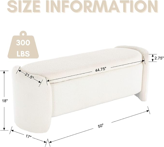 ROCTY White Boucle Storage Bench - 50" Sherpa Ottoman Bench for Bedroom, Entryway, Living Room & Vanity - Teddy Fabric with Storage & Seating