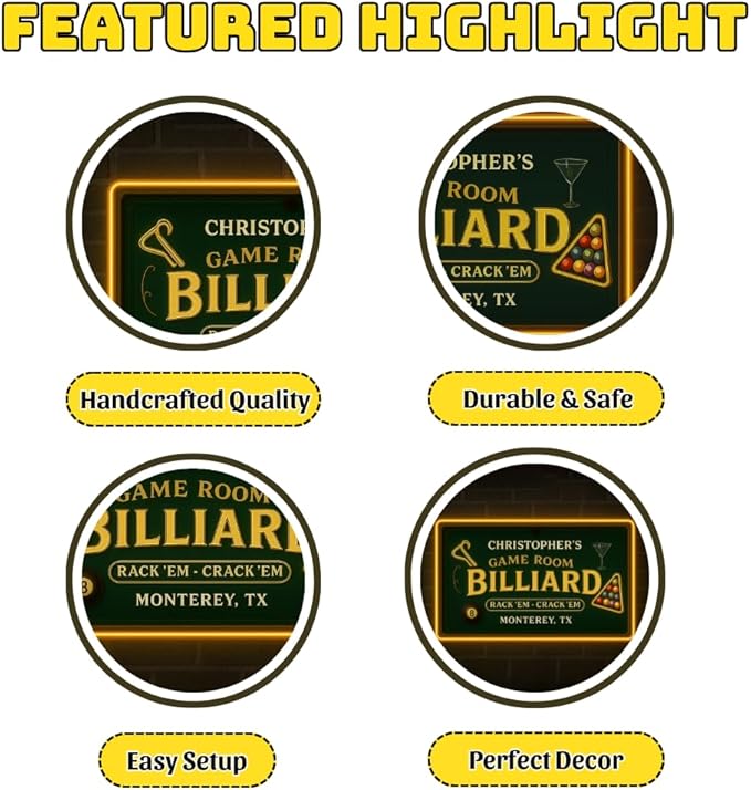 Personalized Billiards Neon Signs, Custom UV Printed Billiard LED Lights Sign, Decorative Wall Art, Lounge, Garage, Man Cave, Bar, Gaming Room Decor, Gifts For Men, Dad, Father, Friends