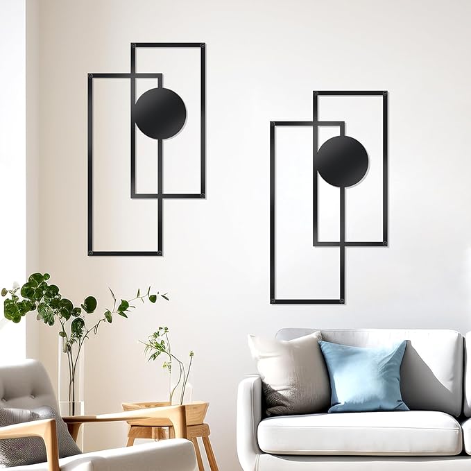 OYEFLY 2 Pcs Metal Abstract Wall Art,Modern Geometric Decor (Black, style 3)