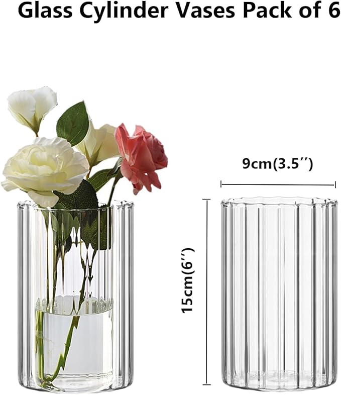 Glass Cylinder Vases Set of 6 Clear Ribbed Glass Vases for Flowers,6 inch Tall Modern Floating Candle Vase Decor, Decorative Hurricane Candle Holders for Home Wedding Table Centerpieces Decor