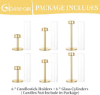 Glasseam Hurricane Glass Candlestick Holder, Set of 6 Matte Gold Candle Holders with Cylinder Chimney Rustic Tall Taper Candleholder for Table Centerpieces Wedding Dining Table Christmas Decoration