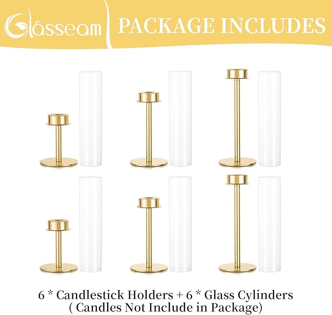 Glasseam Hurricane Glass Candlestick Holder, Set of 6 Matte Gold Candle Holders with Cylinder Chimney Rustic Tall Taper Candleholder for Table Centerpieces Wedding Dining Table Christmas Decoration