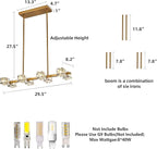 Dining Room Light Fixture,Gold Modern Crystal Chandelier Rectangular Pendant Light with 8 Light Farmhouse Chandeliers for Kitchen Island Dining Room Living Room Bedroom