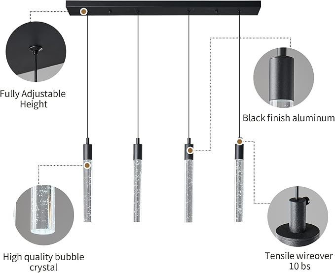 Kitchen Island Lighting Modern Light Fixture Black Pendant Light Dimmable LED Black Finish Mini Crystal Pendant Lights for Dining Room Living Room（4-Light ）