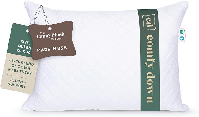 ComfyDown Premium Feather and Down ComfyPlush Supportive Bed Pillow for Sleeping, Luxury Diemend Quilted Cotton Cover, Made in USA, Twin Size, Medium Firm (Queen = 20x30)
